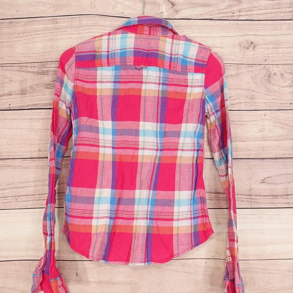 New! Hollister Button-Up XS‎ Multicolor Plaid Long Sleeve Collared Shirt